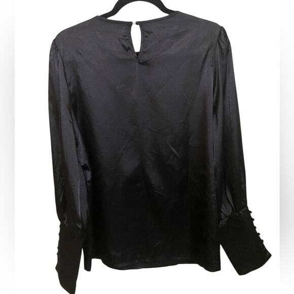 CHIGANT SZ Large Black Satin Blouse Puff French Cuff Sleeves Modest Elegant Chic - Picture 5 of 11